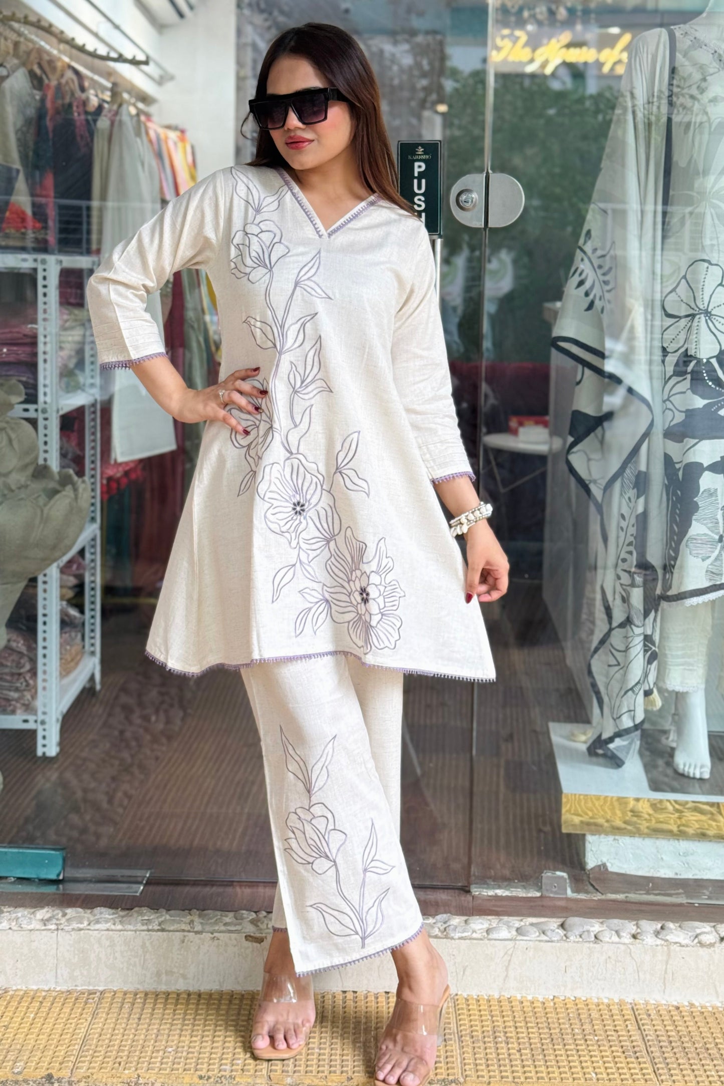 Linen Cotton Co-ord Set with Thread Floral Embroidery #1773