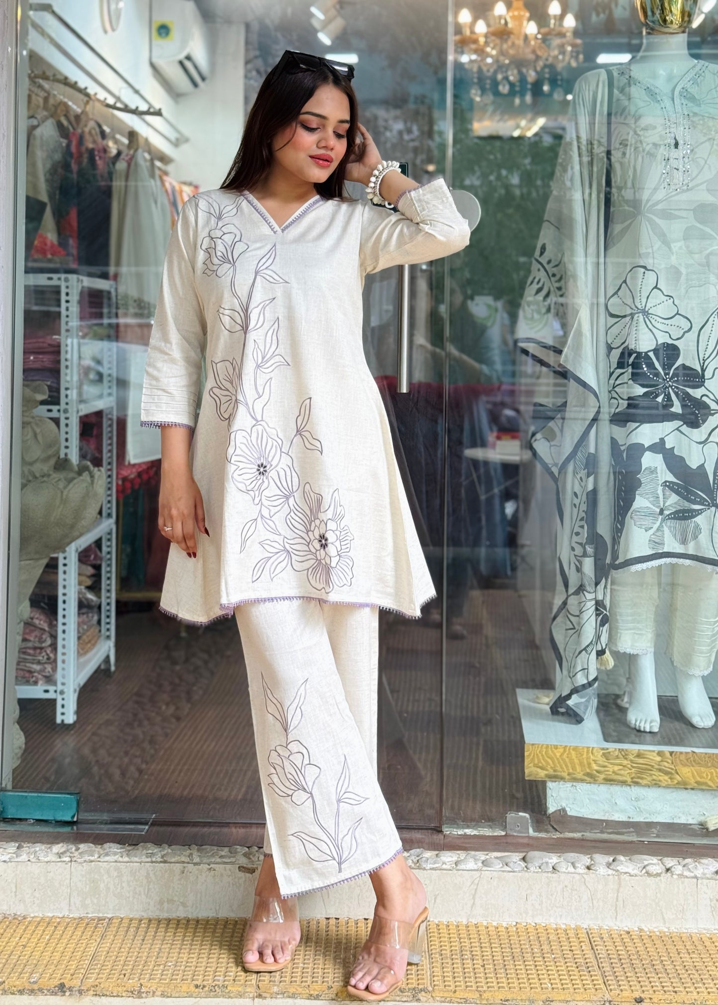 Linen Cotton Co-ord Set with Thread Floral Embroidery #1773