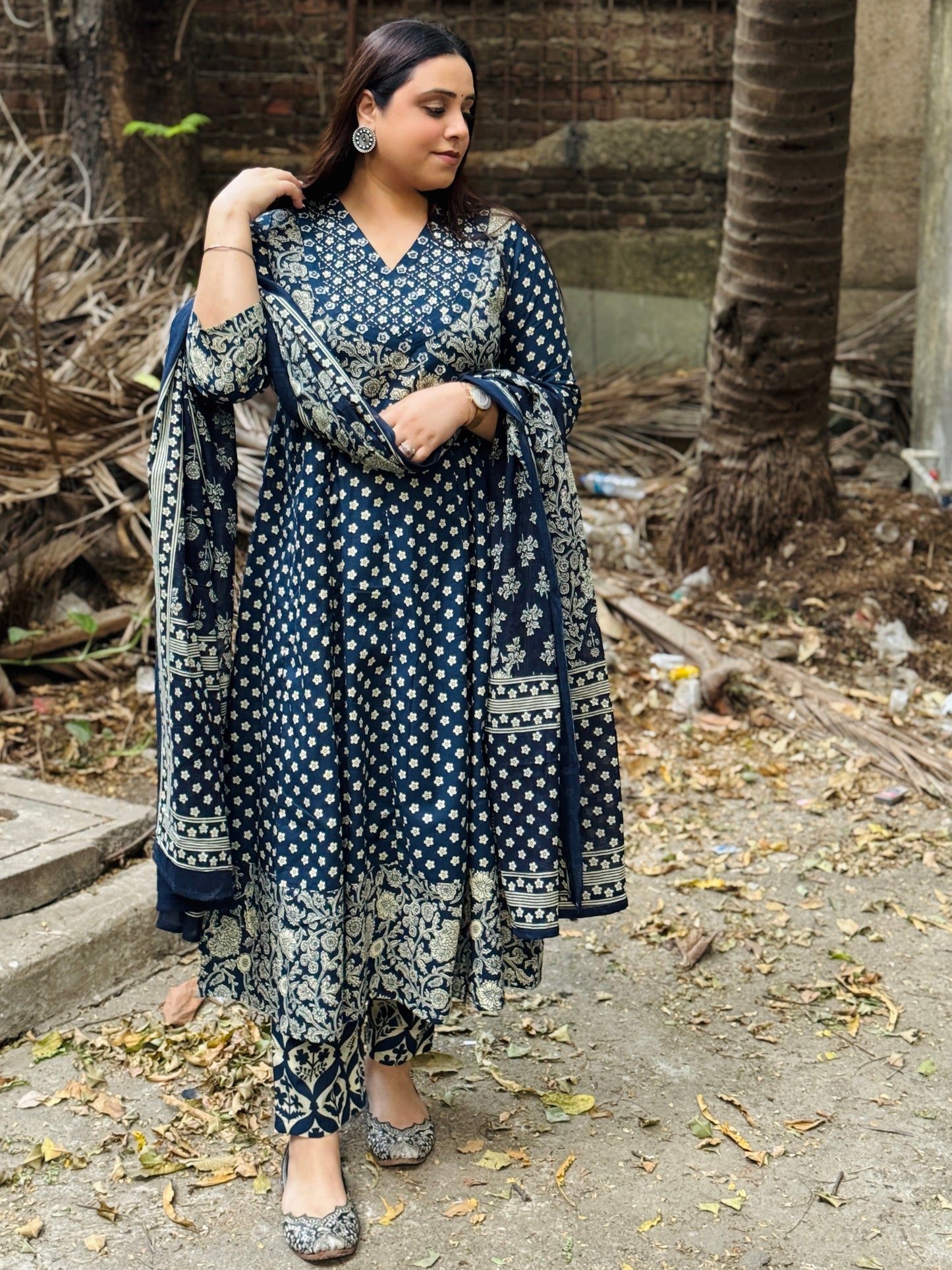 Navy blue Floral Cotton Angrakha Anarkali Set #1761