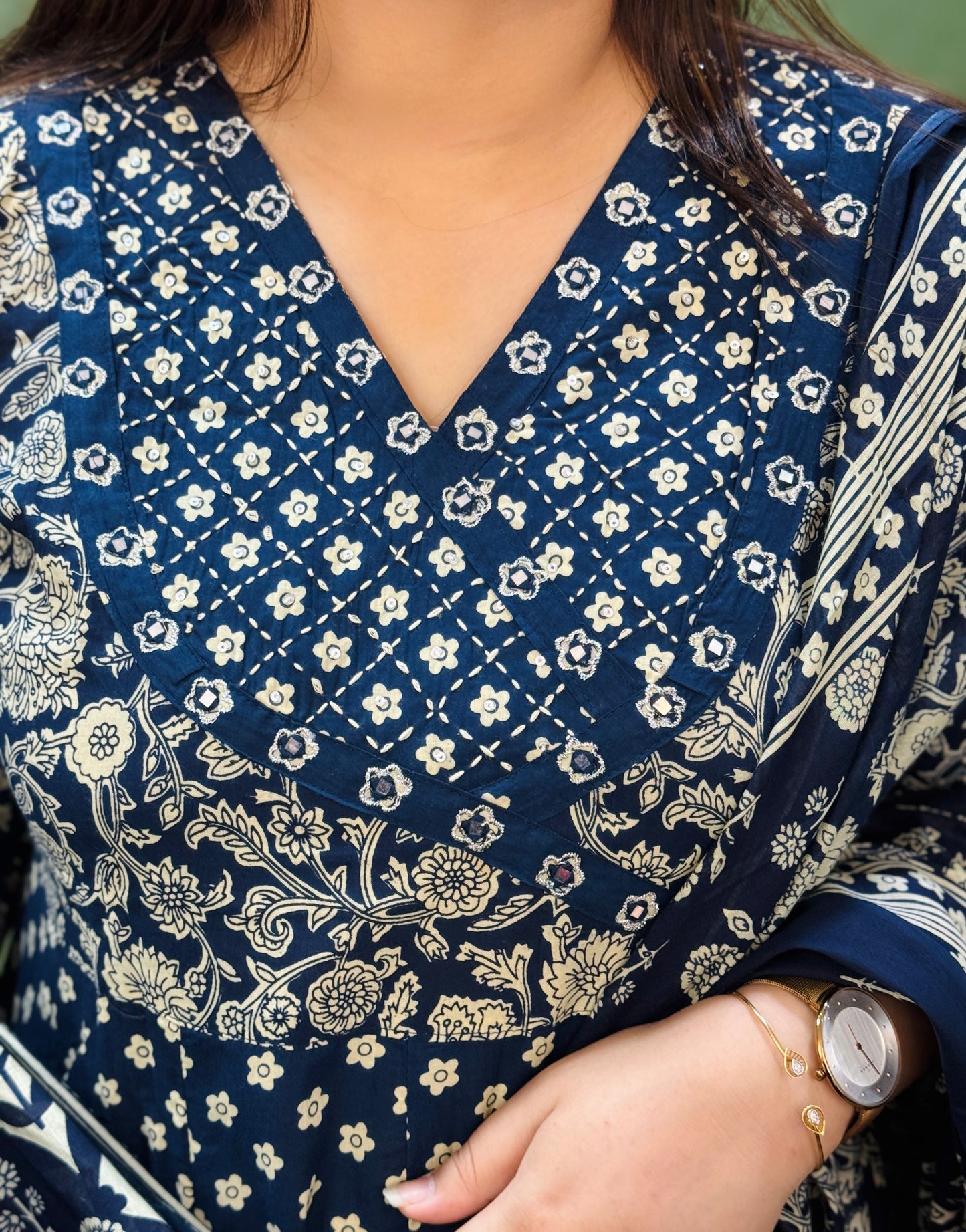 Navy blue Floral Cotton Angrakha Anarkali Set #1761