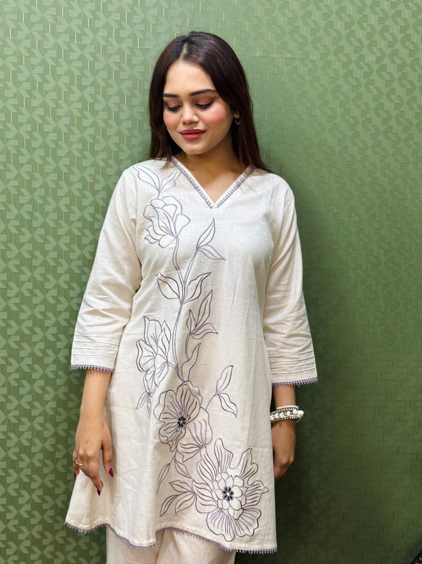 Linen Cotton Co-ord Set with Thread Floral Embroidery #1773