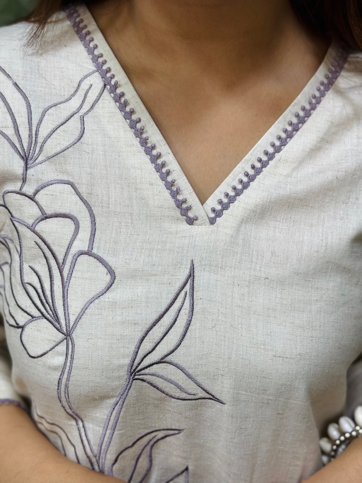 Linen Cotton Co-ord Set with Thread Floral Embroidery #1773