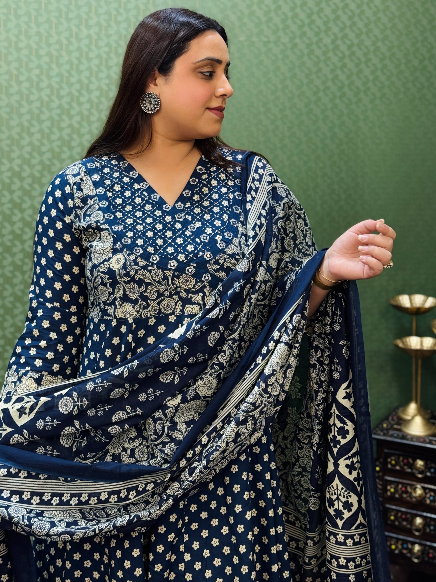 Navy blue Floral Cotton Angrakha Anarkali Set #1761