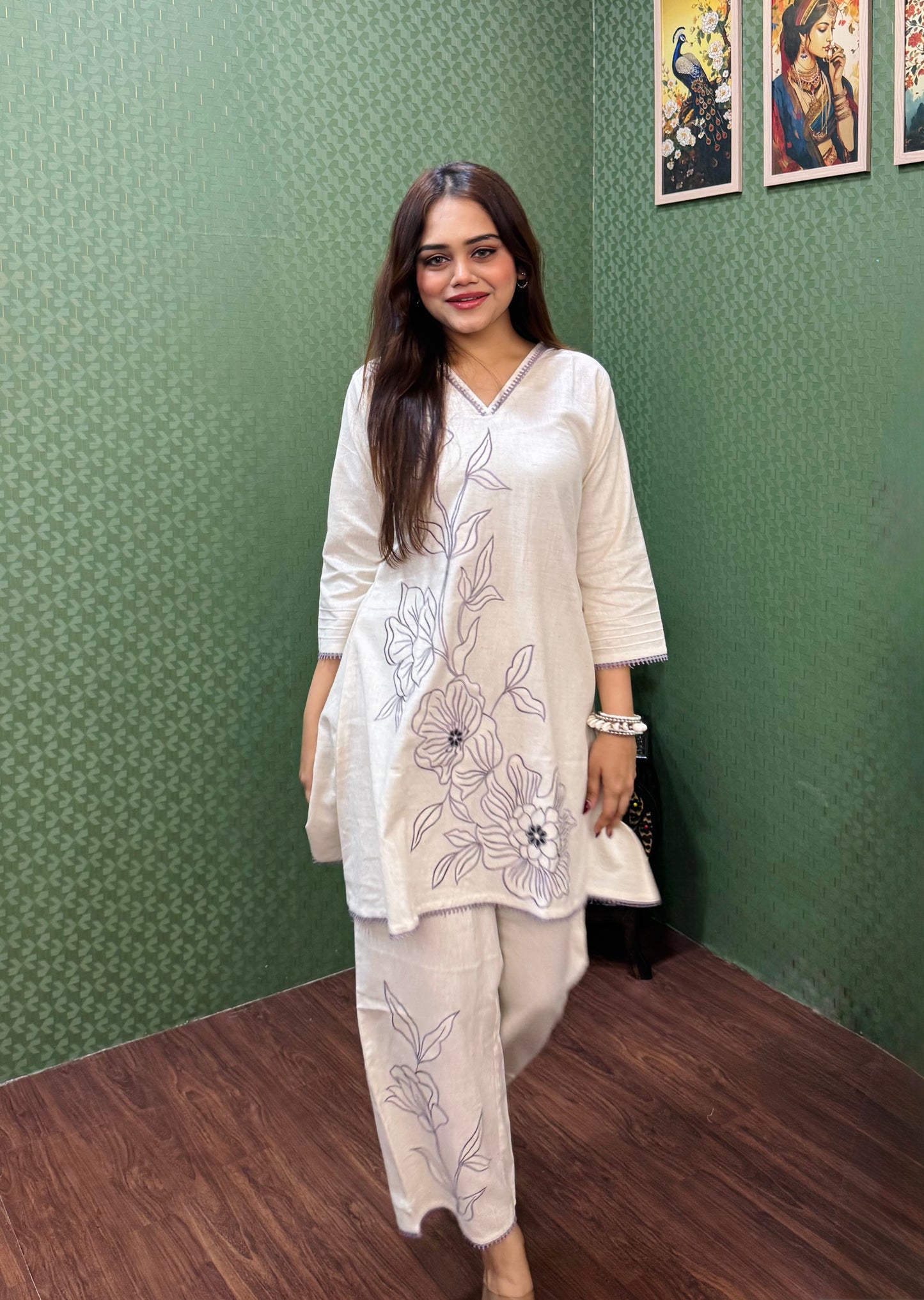 Linen Cotton Co-ord Set with Thread Floral Embroidery #1773