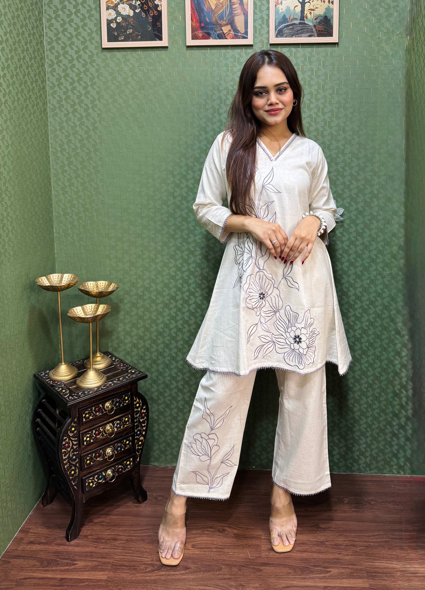 Linen Cotton Co-ord Set with Thread Floral Embroidery #1773