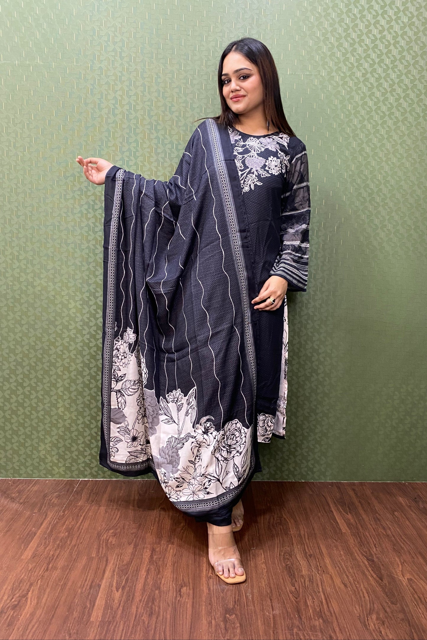 Black Pure Pashmina Embroidered Suit Set with Pashmina Dupatta #1750