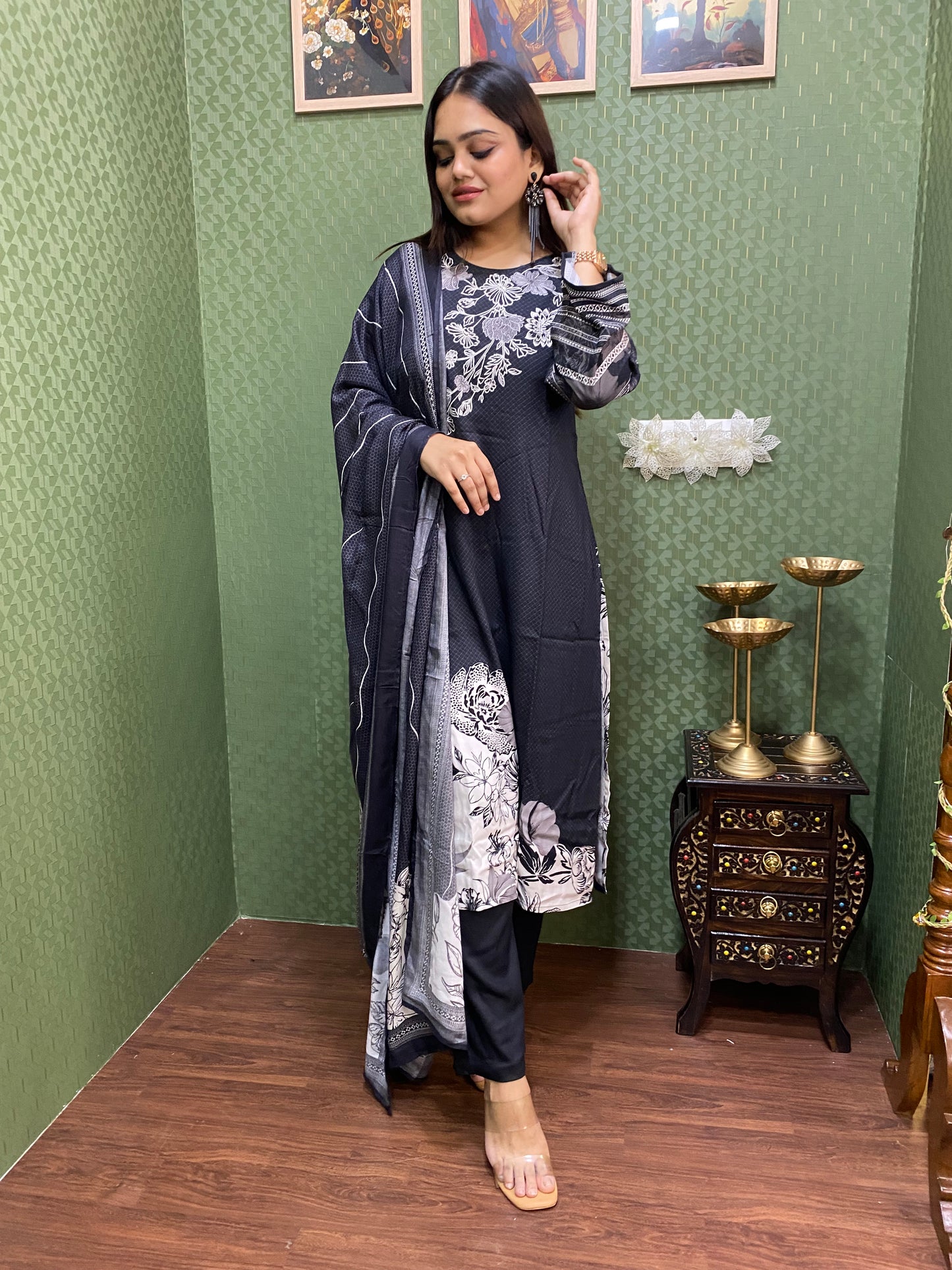 Black Pure Pashmina Embroidered Suit Set with Pashmina Dupatta #1750