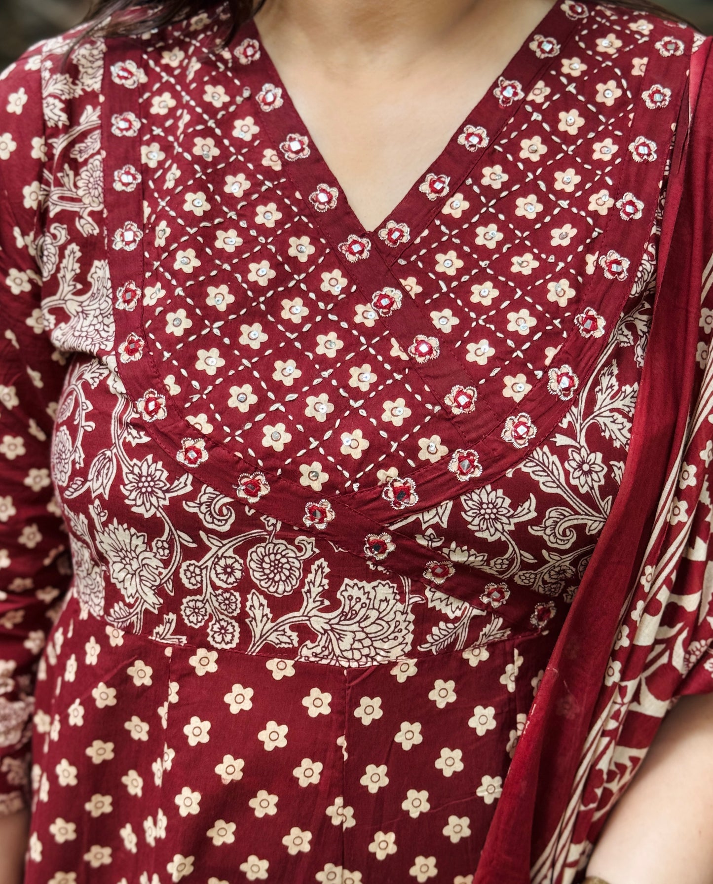 Red Floral Cotton Angrakha Anarkali Set #1762