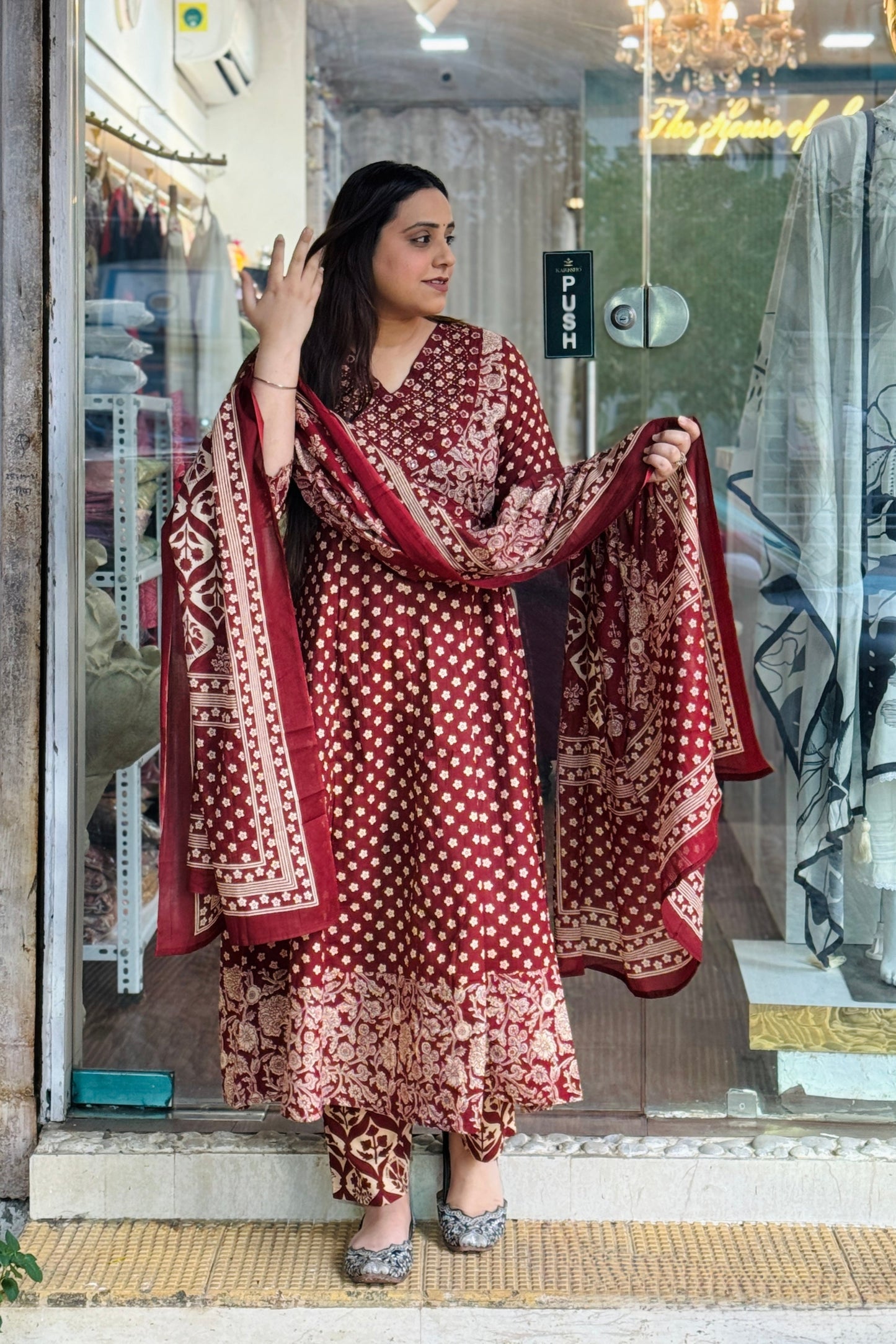 Red Floral Cotton Angrakha Anarkali Set #1762