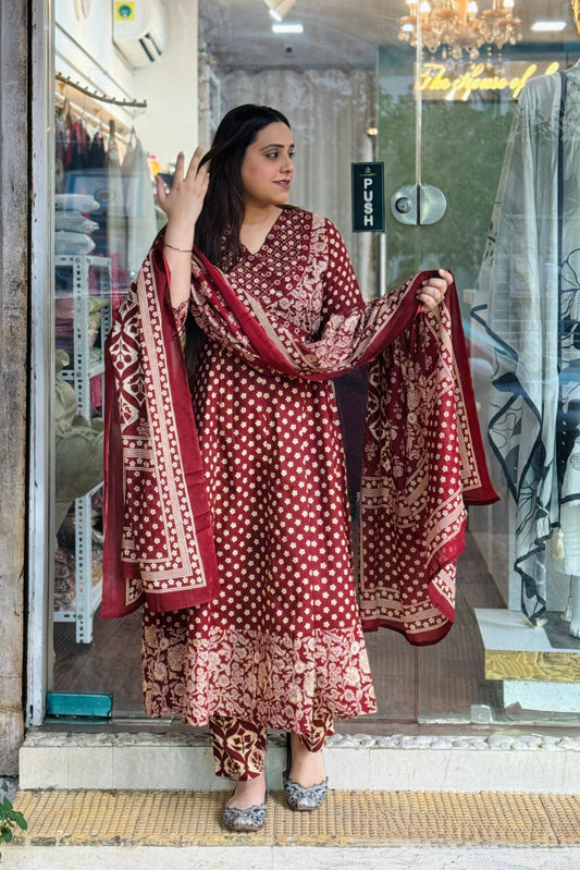 Red Floral Cotton Angrakha Anarkali Set #1762
