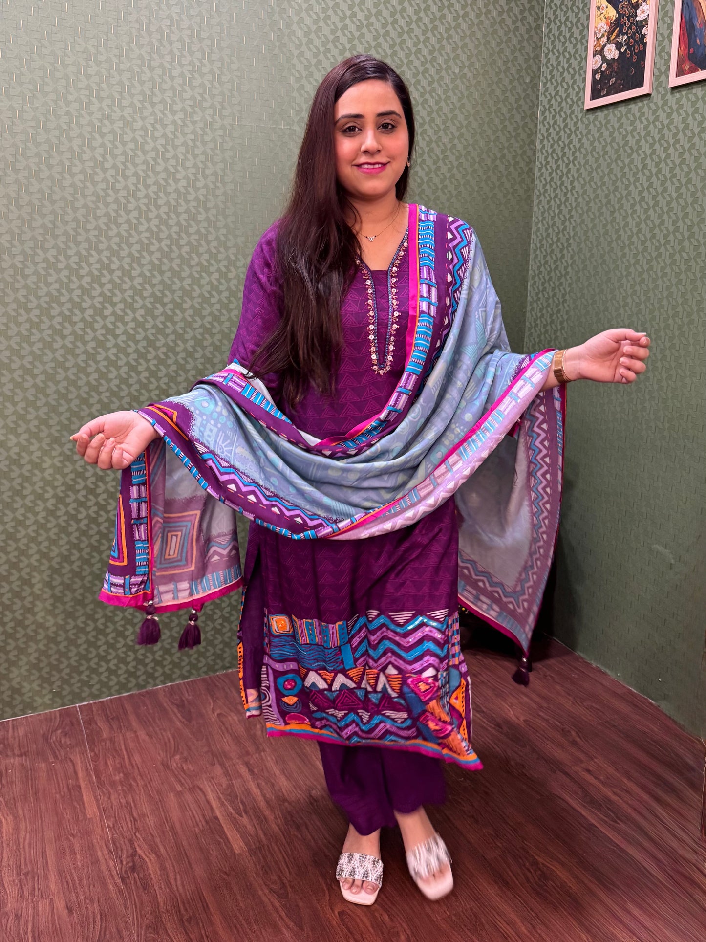 Pure Muslin Purple Digital Print Suit Set #1764