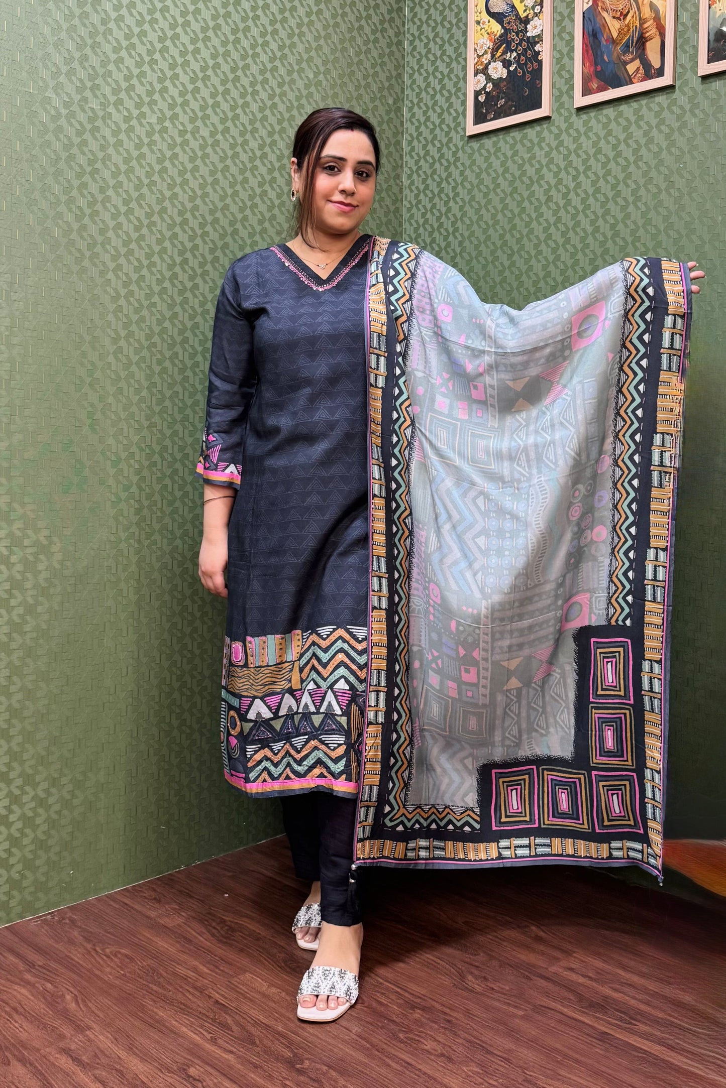 Pure Muslin Charcoal Black Digital Print Suit Set #1763