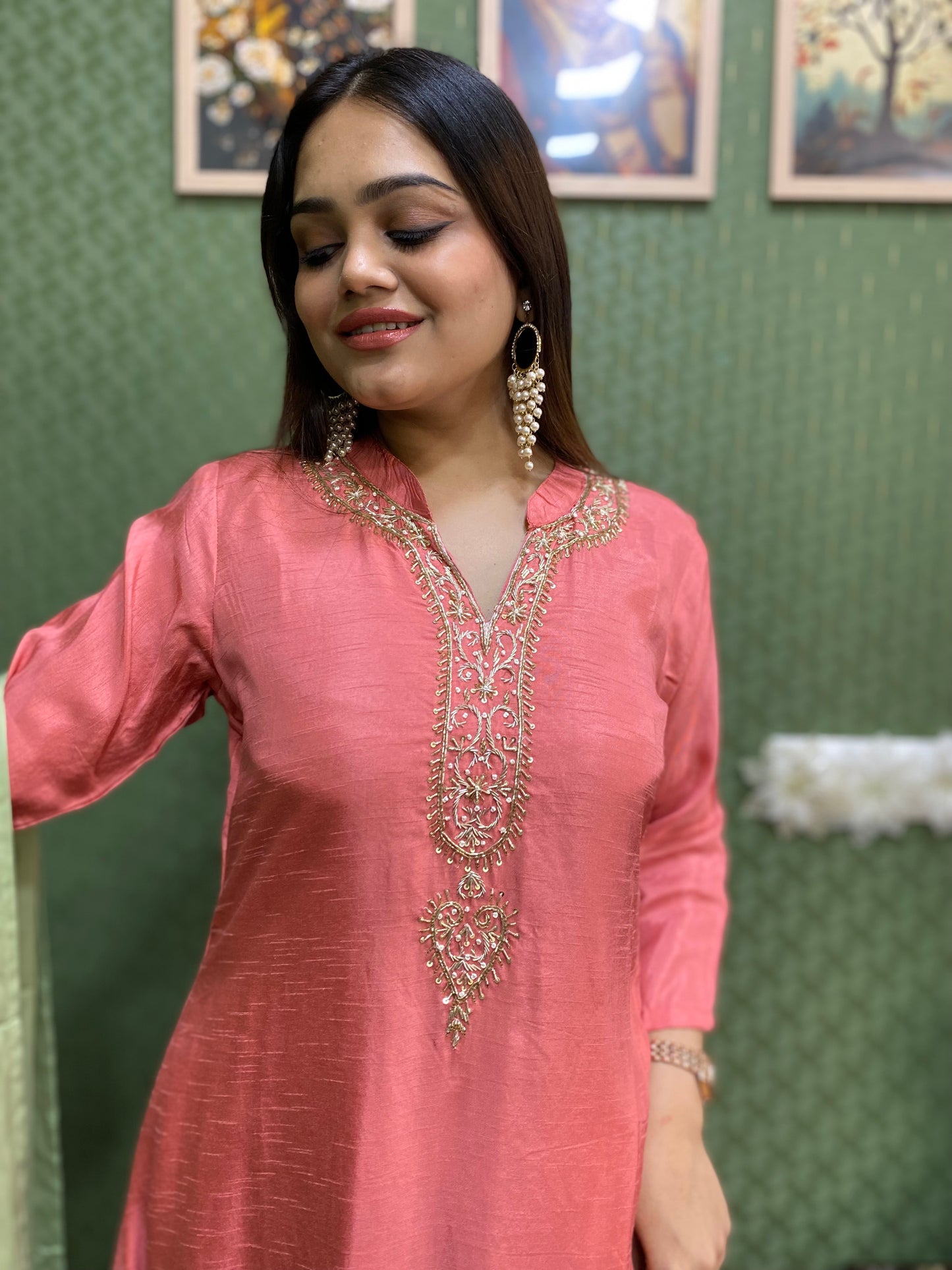 Peach & Green Dola Silk Handwork A-Line Suit Set #1441