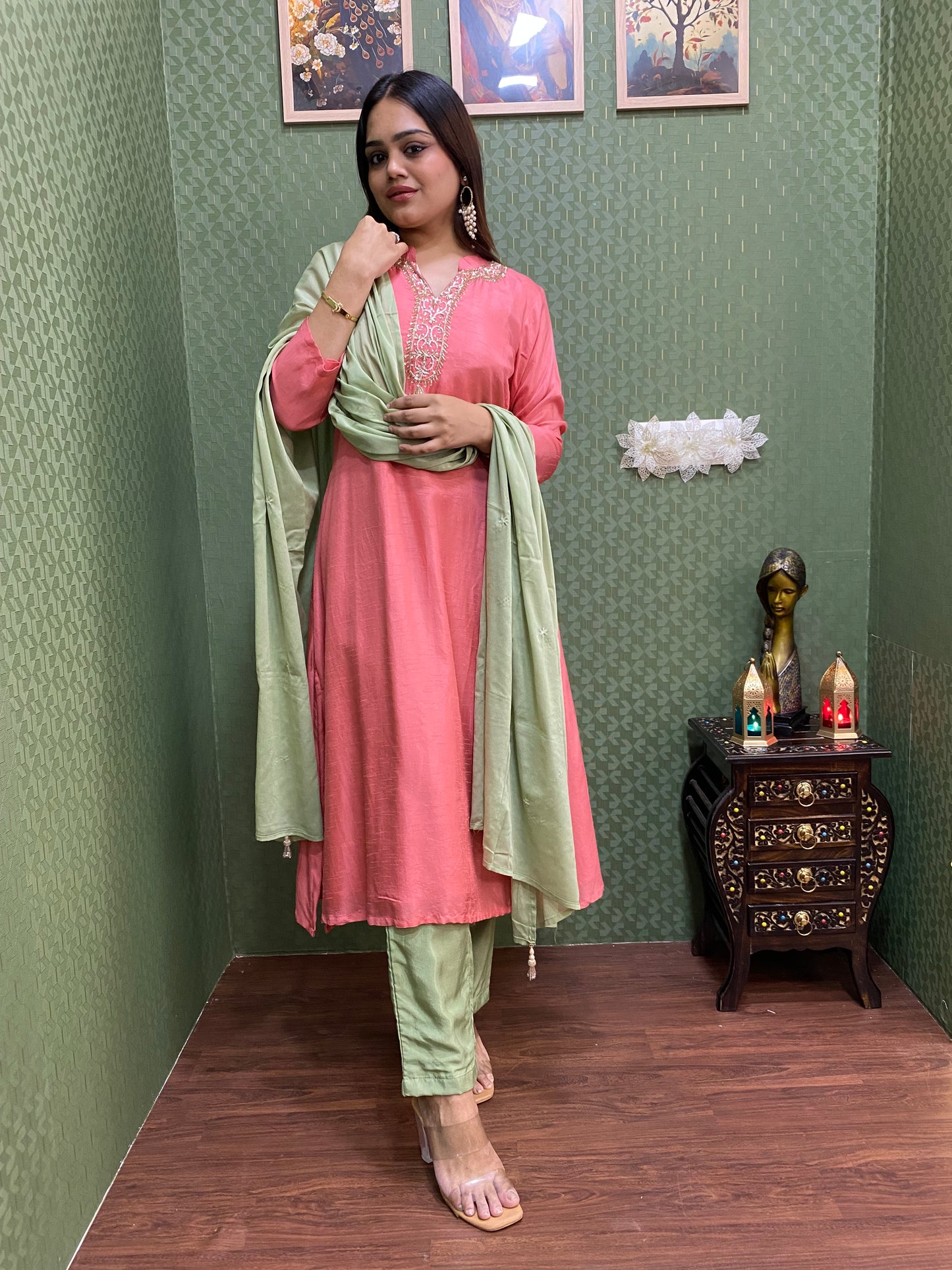 Peach & Green Dola Silk Handwork A-Line Suit Set #1441