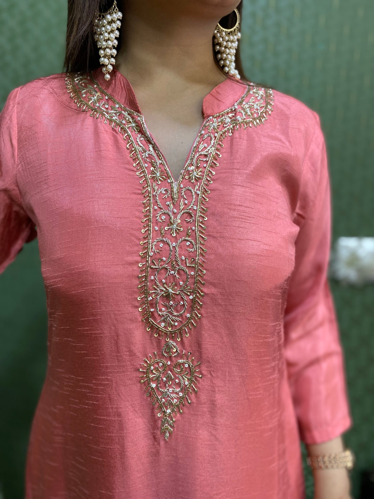 Peach & Green Dola Silk Handwork A-Line Suit Set #1441