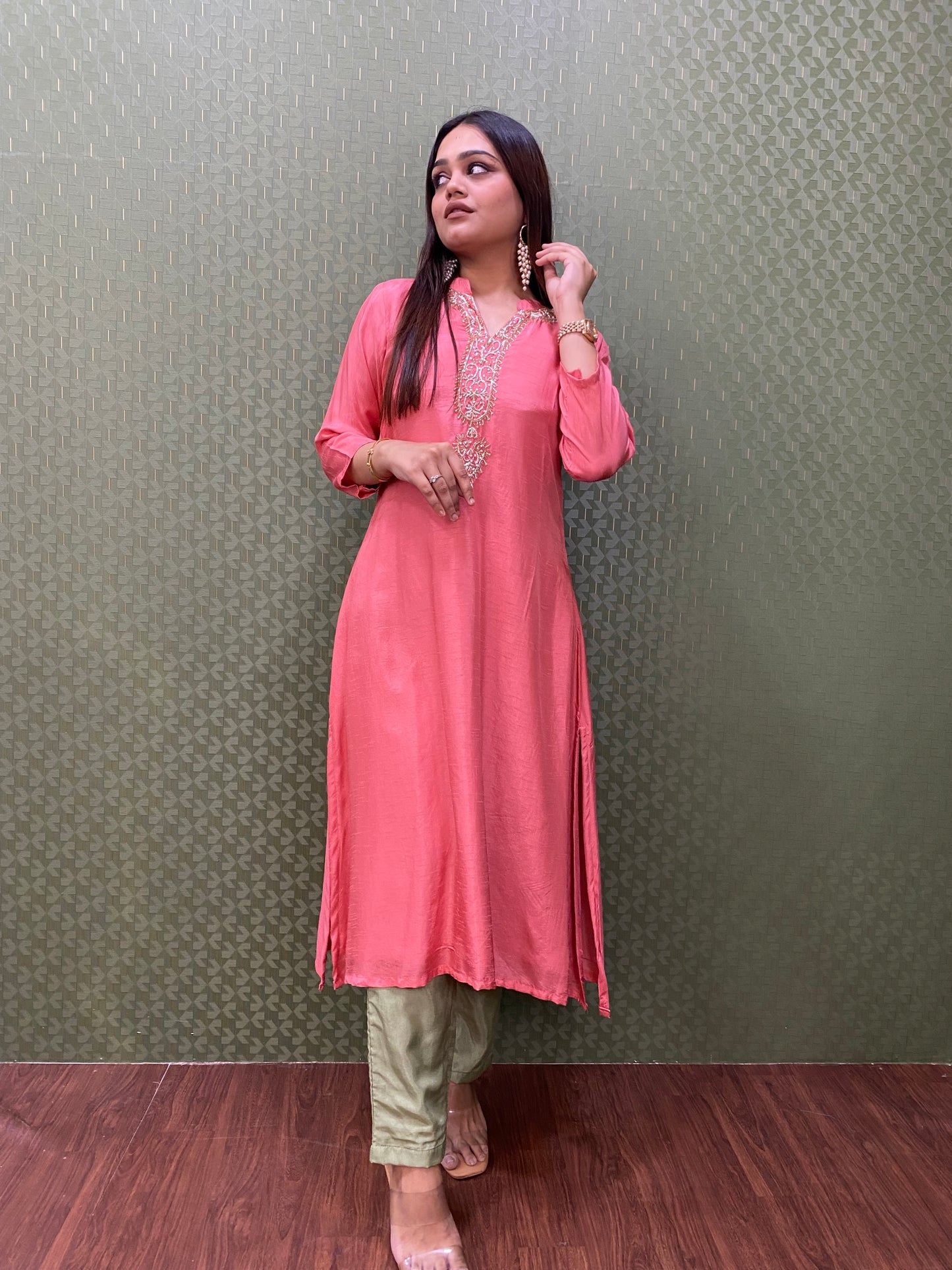 Peach & Green Dola Silk Handwork A-Line Suit Set #1441