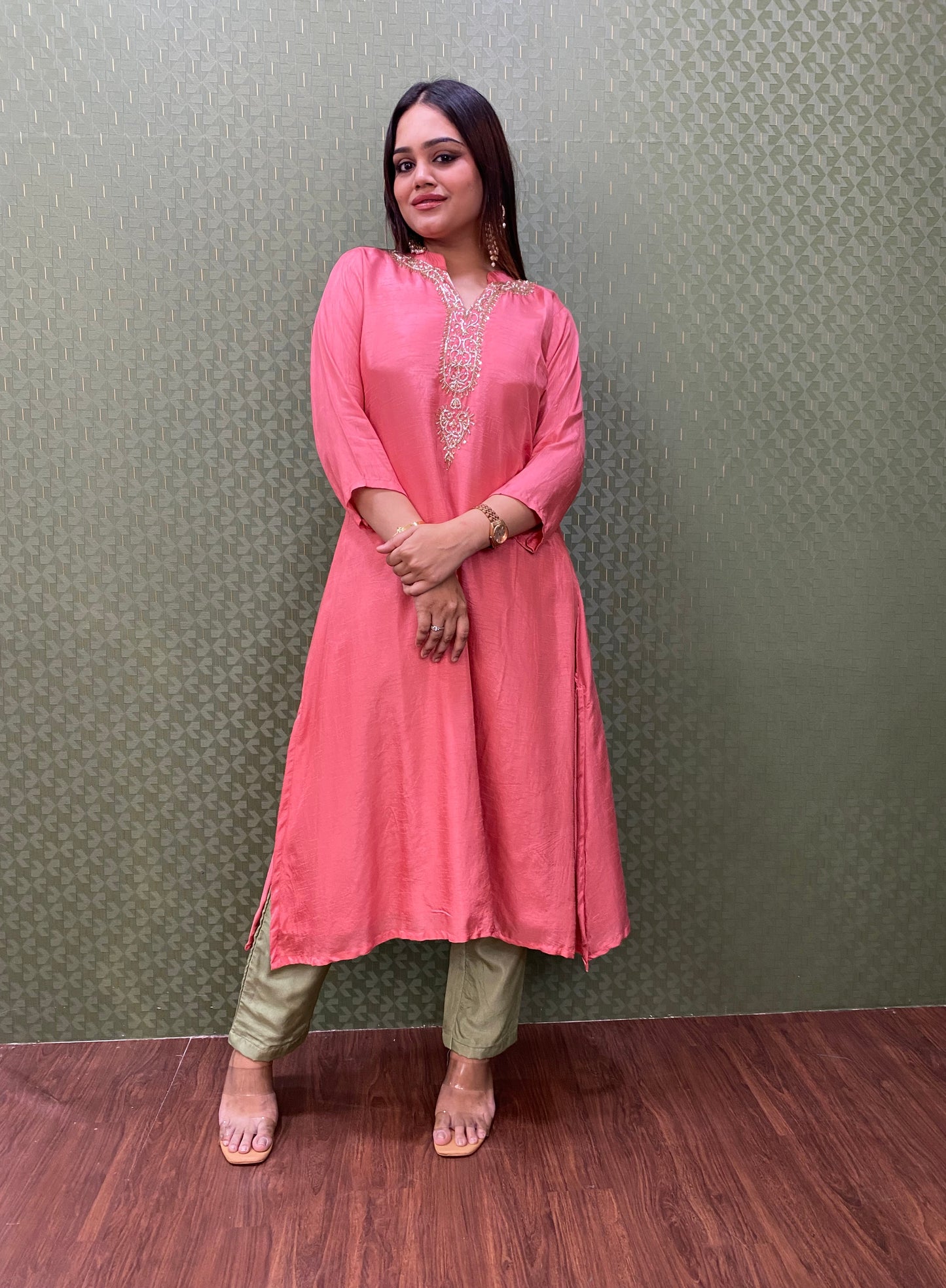 Peach & Green Dola Silk Handwork A-Line Suit Set #1441