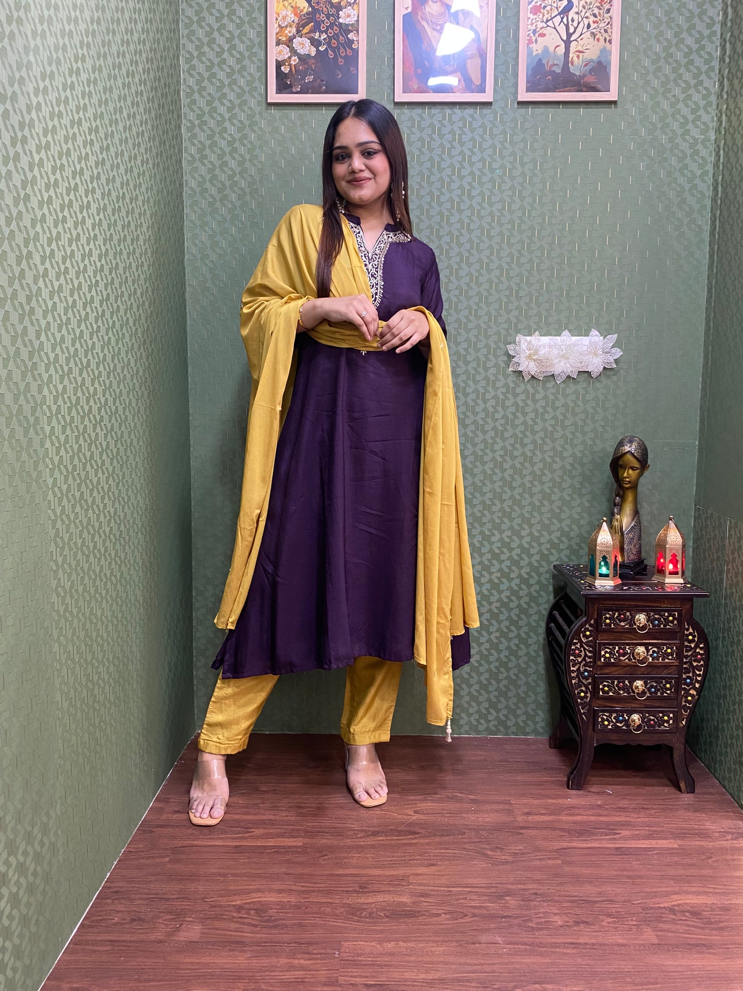 Purple & Yellow Dola Silk Handwork A-Line Suit Set #1442