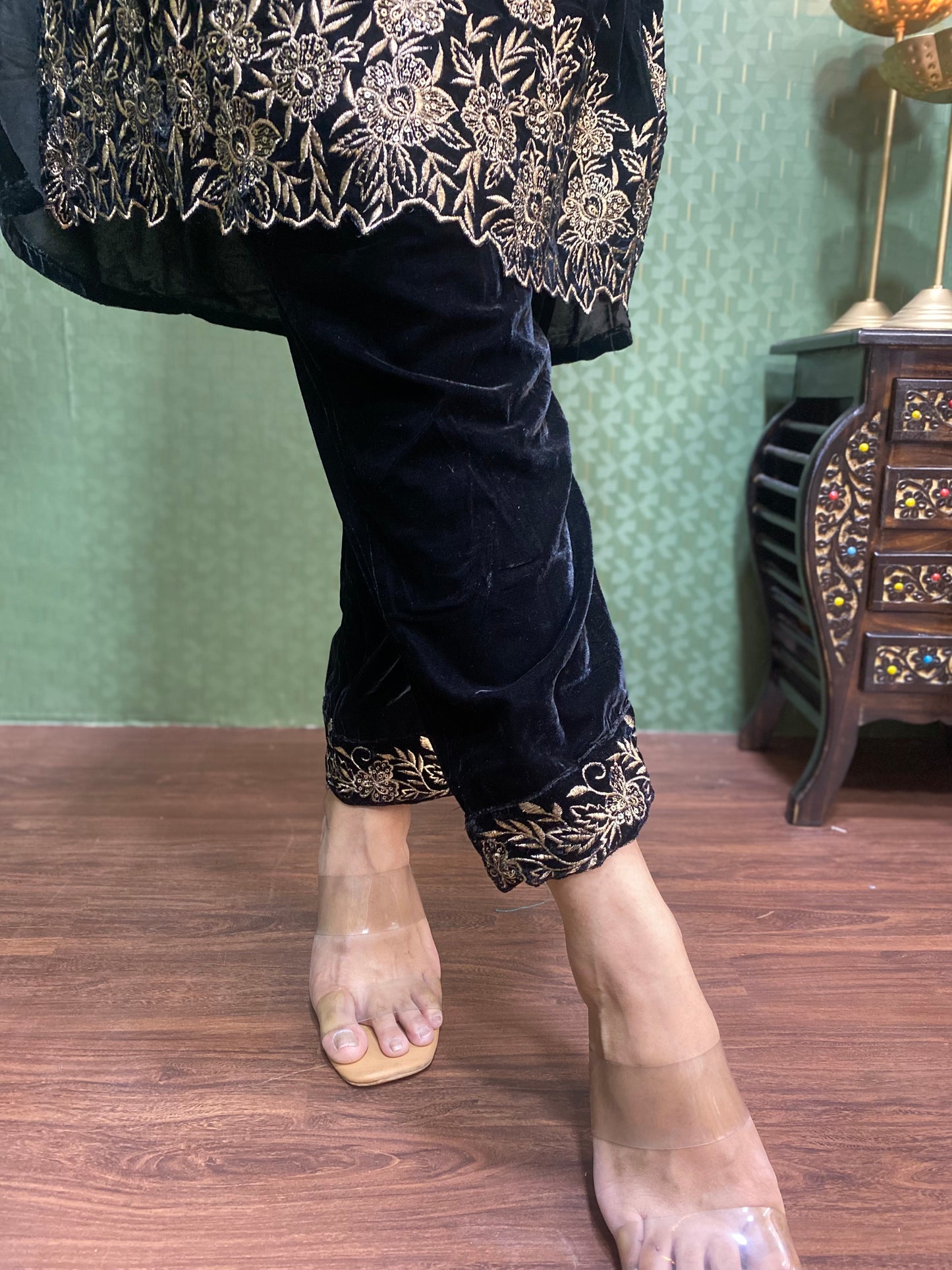 Black Velvet Party Wear Co-ord Set with Zari Thread Work #1746
