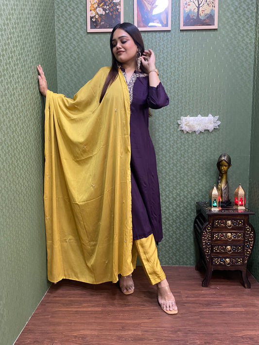 Purple & Yellow Dola Silk Handwork A-Line Suit Set #1442