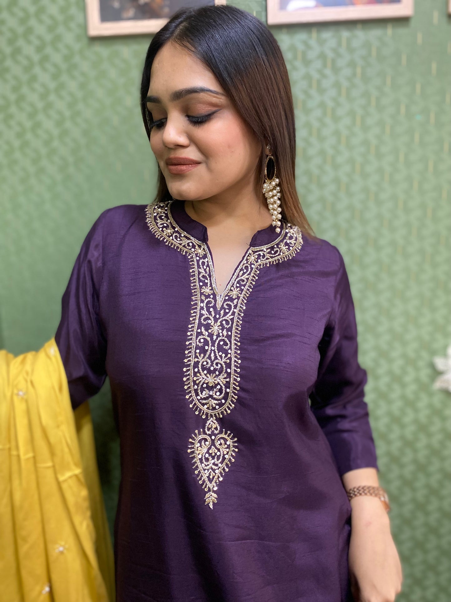 Purple & Yellow Dola Silk Handwork A-Line Suit Set #1442