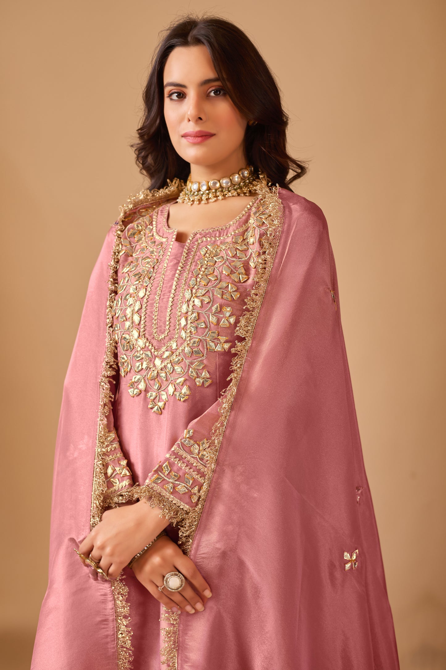 Blush Rose Gold Tissue Shimmer Silk Suit #1895