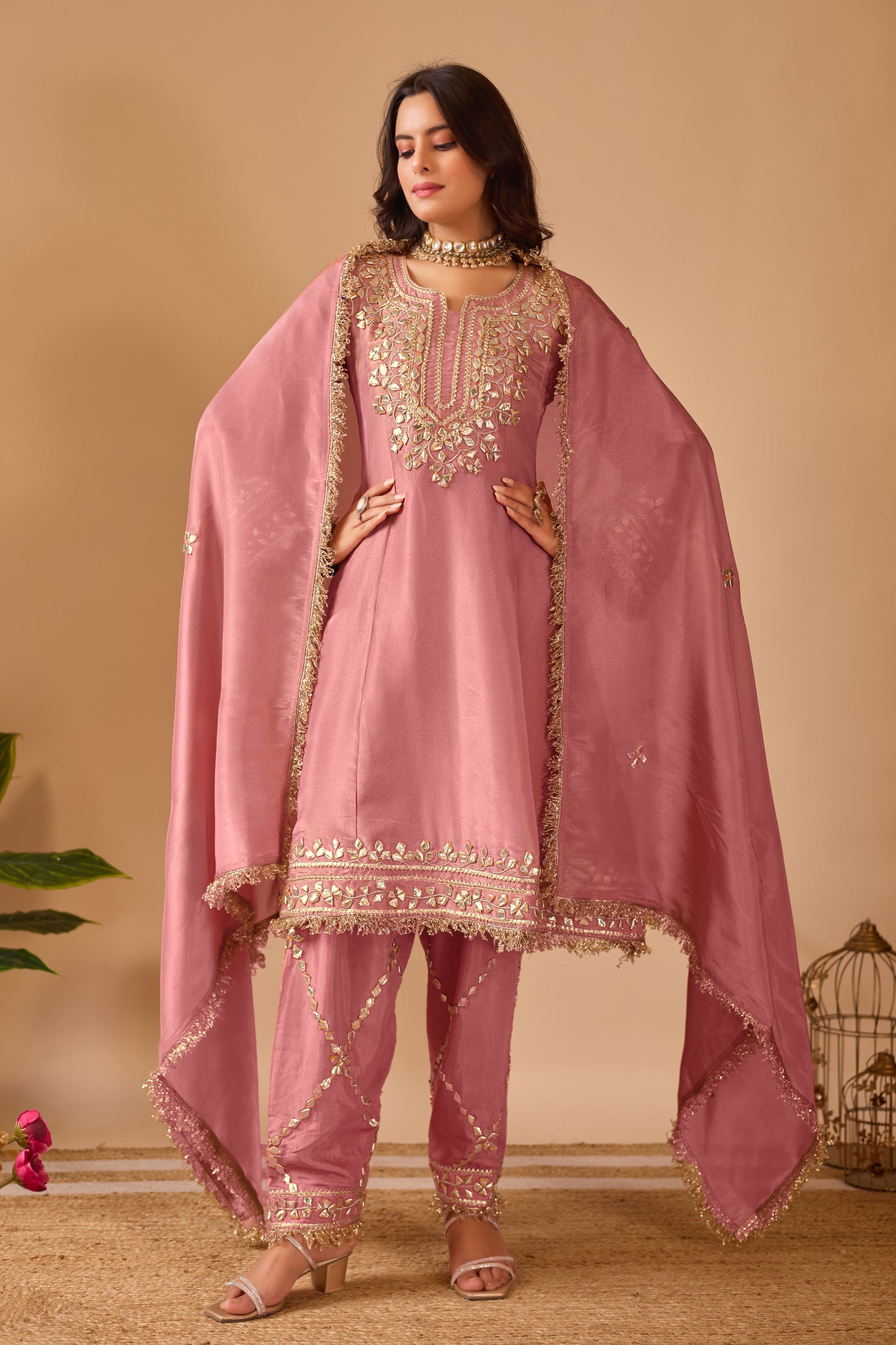 Blush Rose Gold Tissue Shimmer Silk Suit #1895