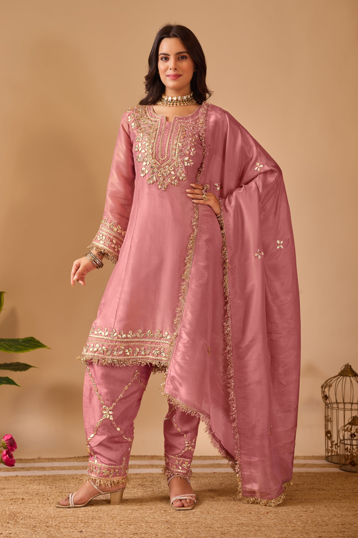 Blush Rose Gold Tissue Shimmer Silk Suit #1895