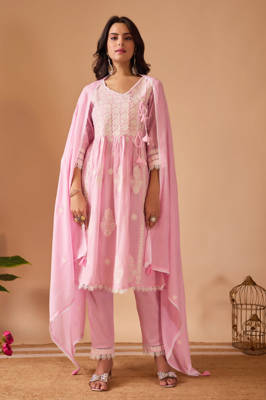 Chikankari Dobby Mal Cotton Suit Set – Blush Pink