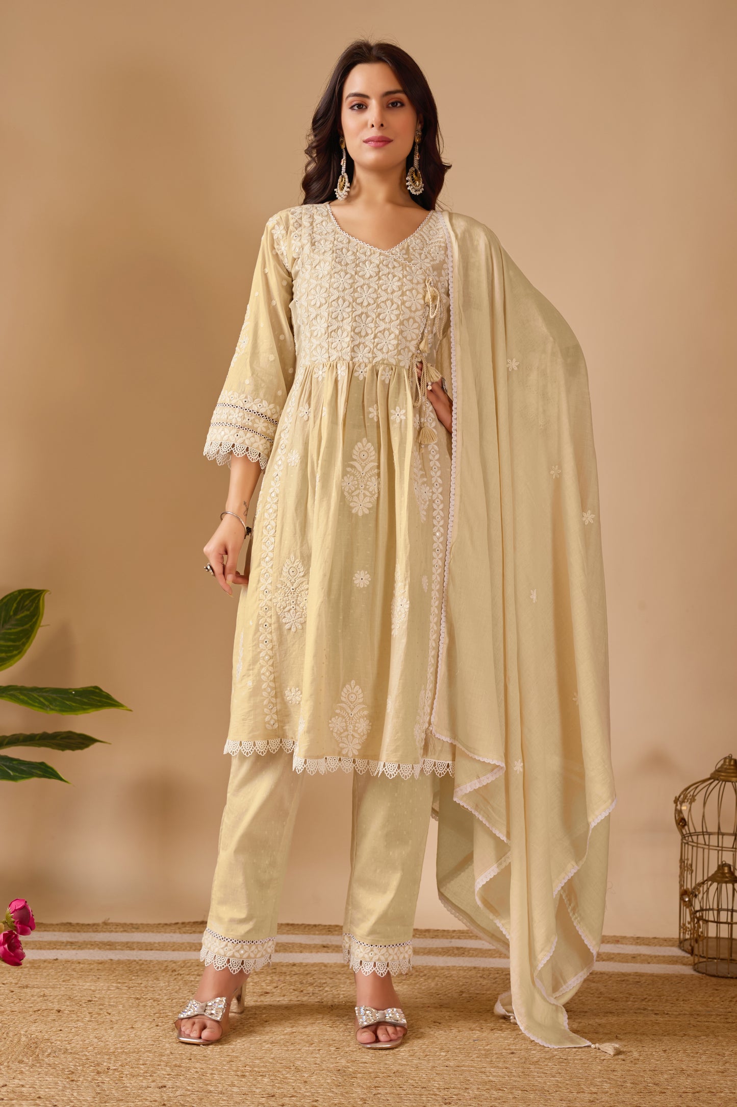 Chikankari Dobby Mal Cotton Suit Set - Soft Beige