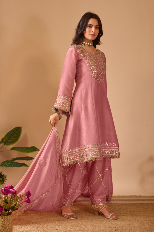 Blush Rose Gold Tissue Shimmer Silk Suit #1895