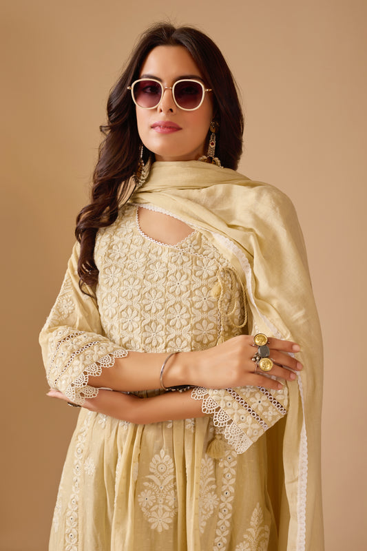 Chikankari Dobby Mal Cotton Suit Set - Soft Beige #1891