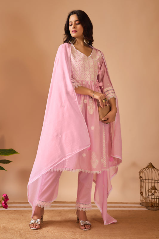 Chikankari Dobby Mal Cotton Suit Set – Blush Pink # 1890
