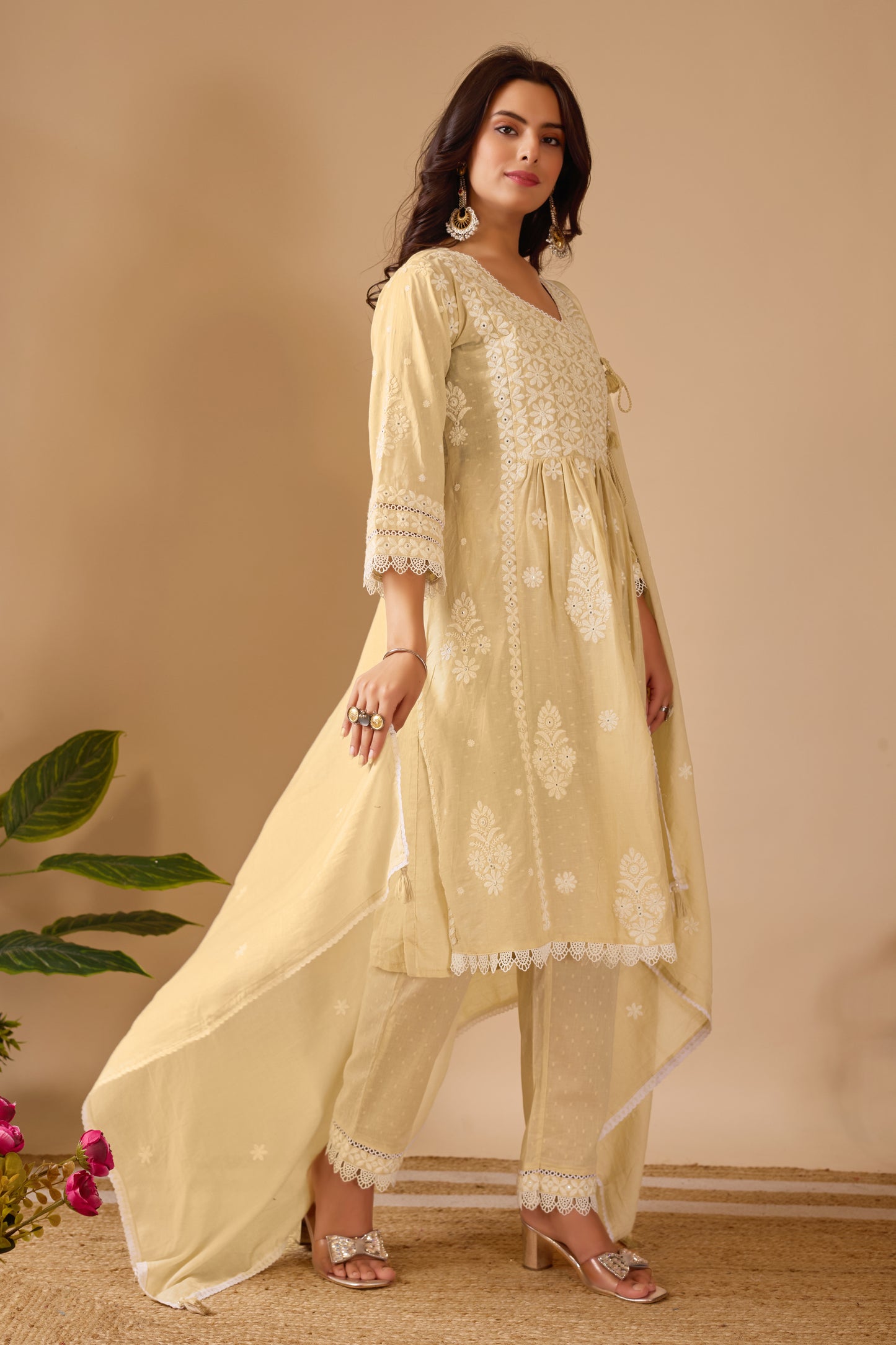 Chikankari Dobby Mal Cotton Suit Set - Soft Beige