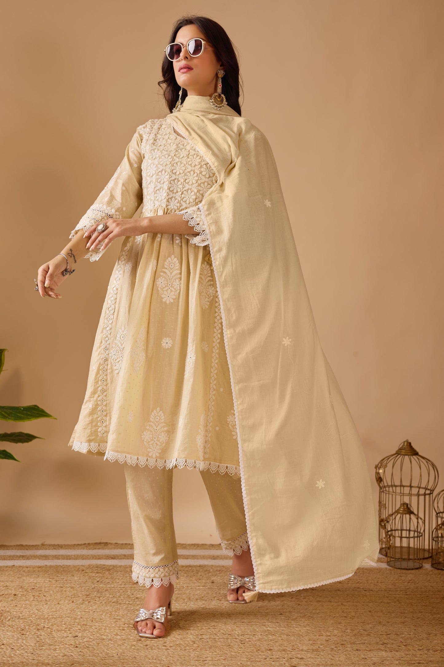 Chikankari Dobby Mal Cotton Suit Set - Soft Beige