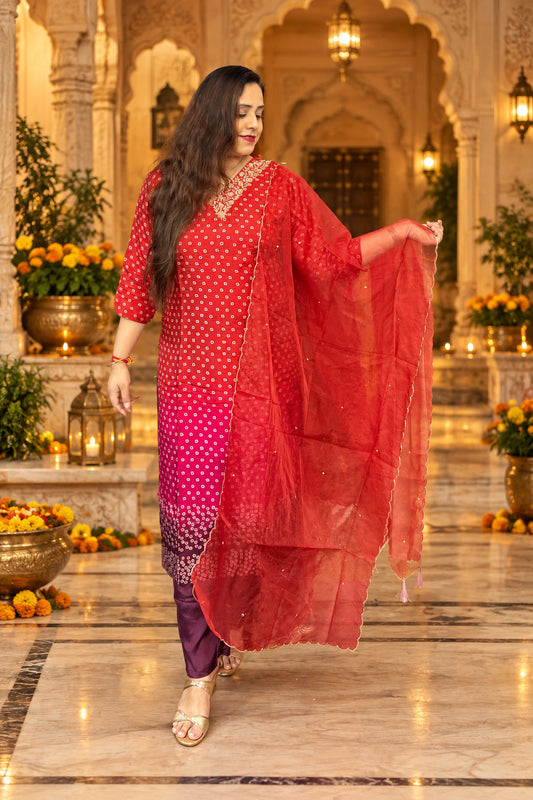 Crimson Red Suit Set With Organza Dupatta