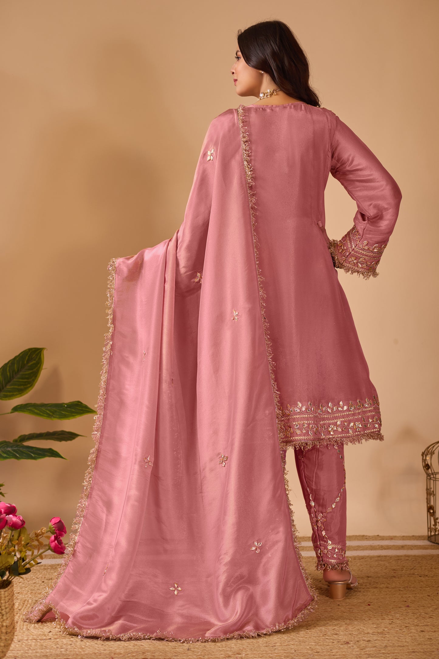 Blush Rose Gold Tissue Shimmer Silk Suit #1895