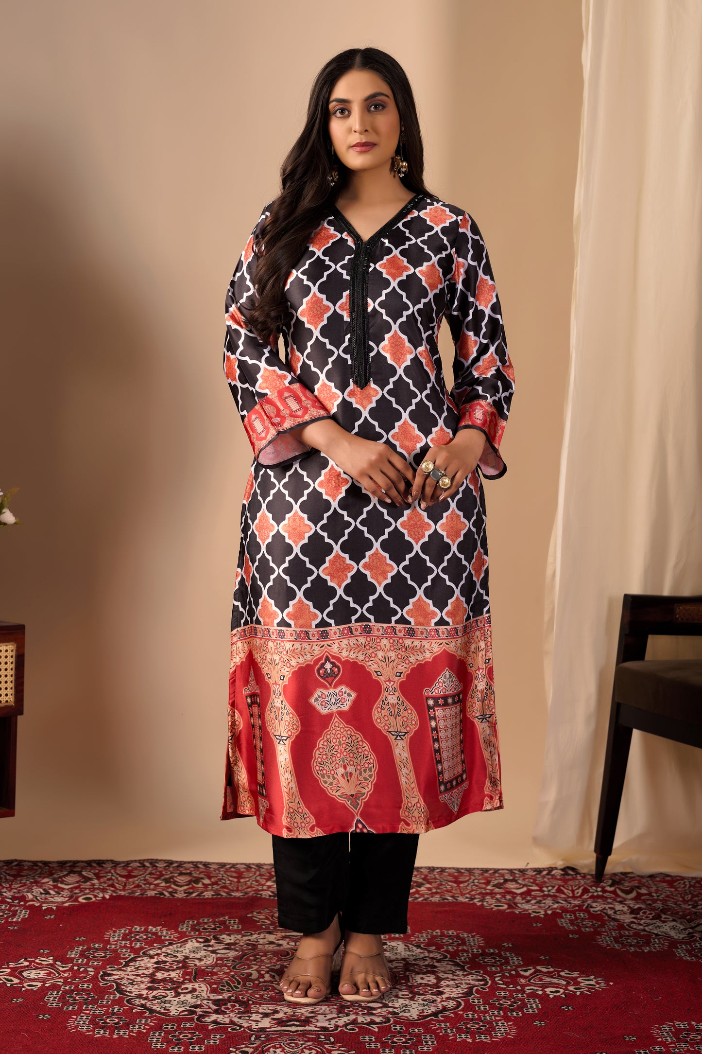 Black & Orange Geometric Print Pure Satin Kurta Set #1897