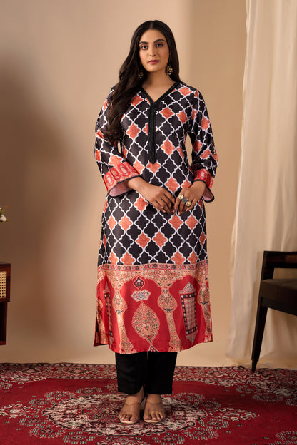 Black & Orange Geometric Print Pure Satin Kurta Set #1897
