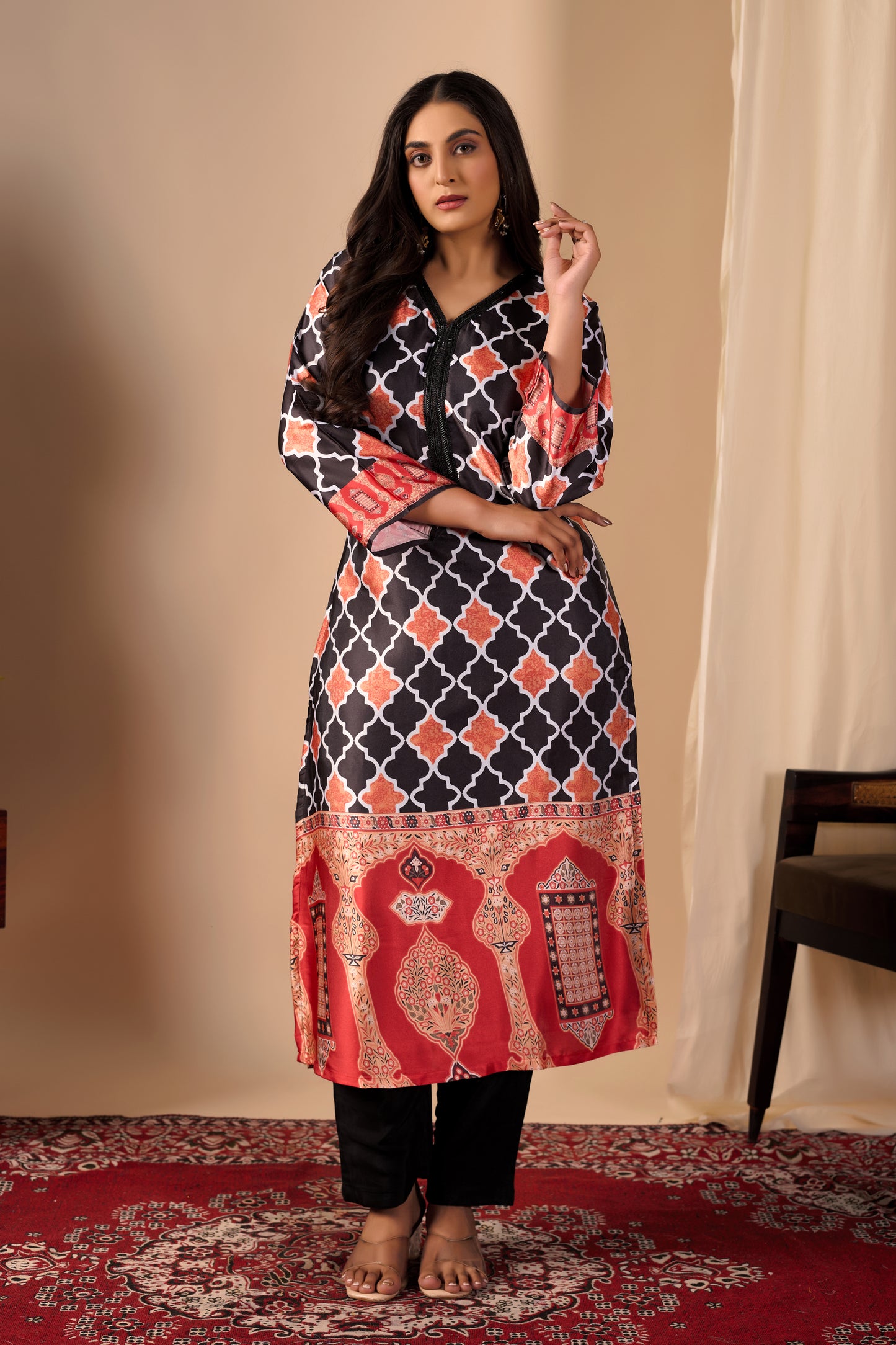 Black & Orange Geometric Print Pure Satin Kurta Set #1897