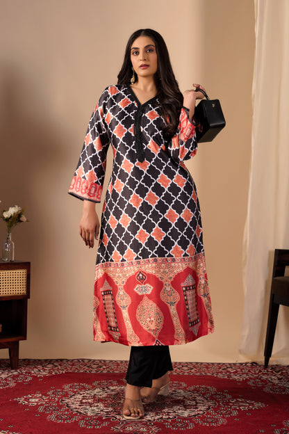 Black & Orange Geometric Print Pure Satin Kurta Set #1897