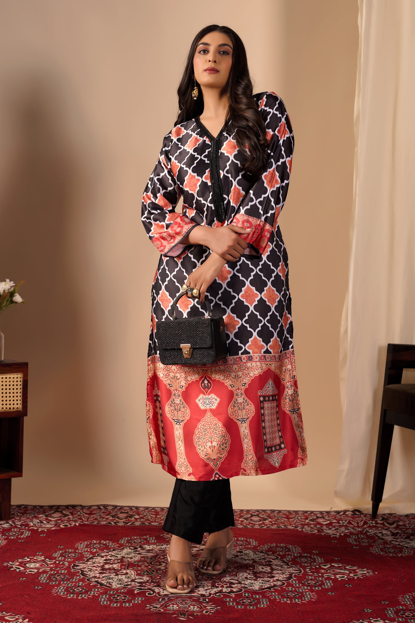 Black & Orange Geometric Print Pure Satin Kurta Set #1897