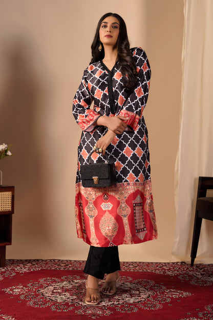 Black & Orange Geometric Print Pure Satin Kurta Set #1897