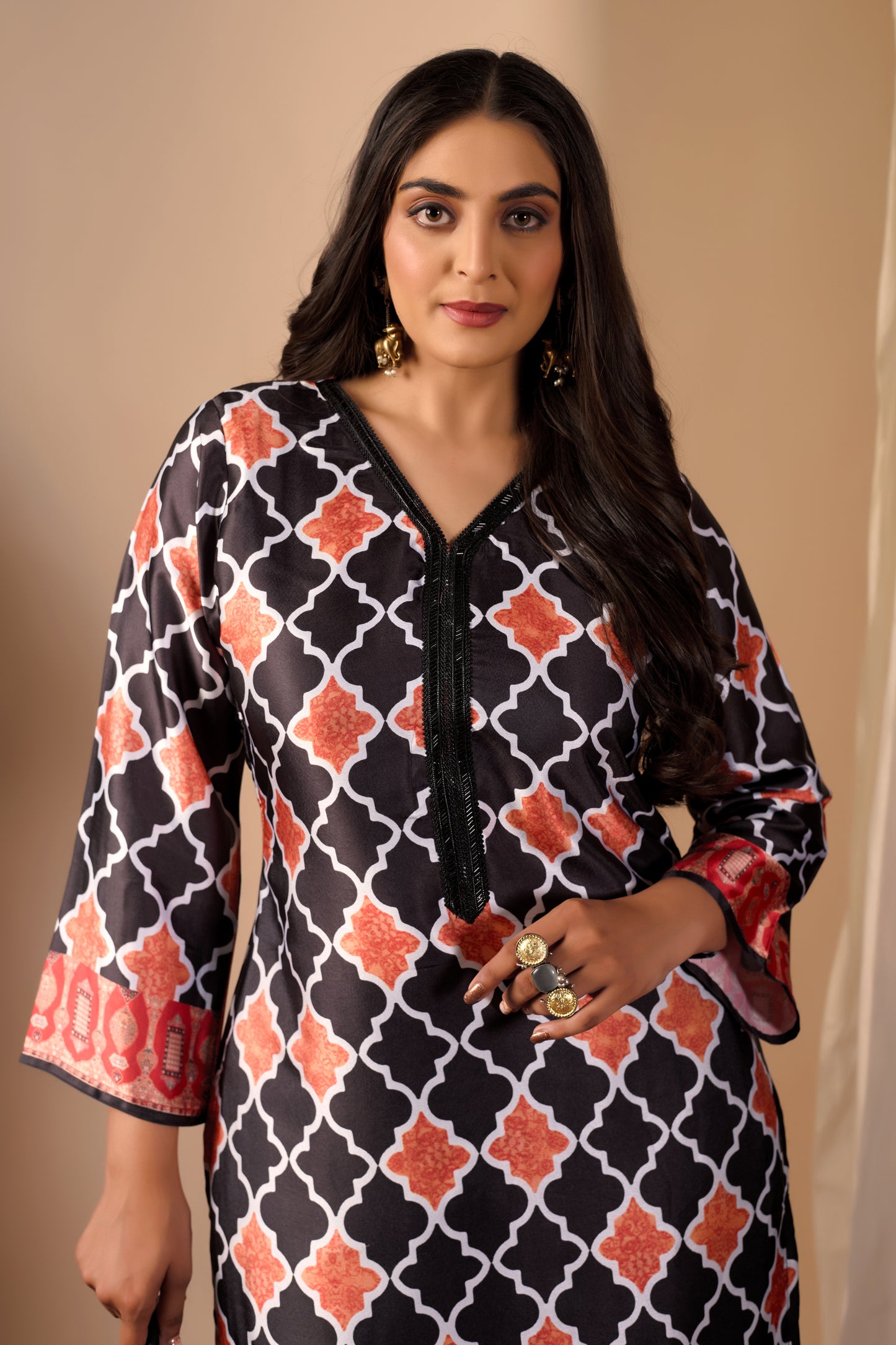 Black & Orange Geometric Print Pure Satin Kurta Set #1897