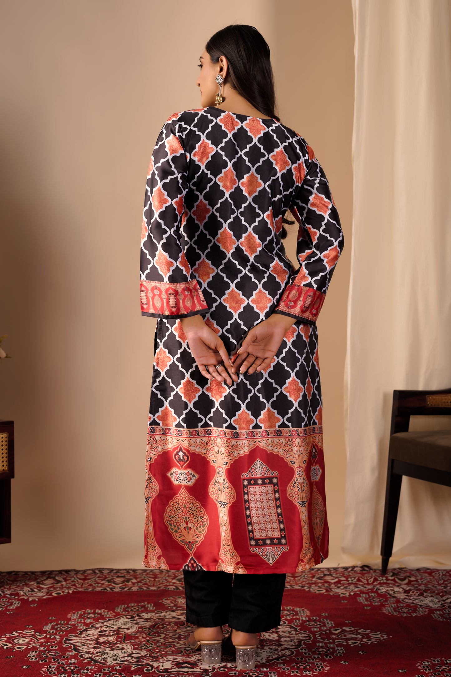 Black & Orange Geometric Print Pure Satin Kurta Set #1897