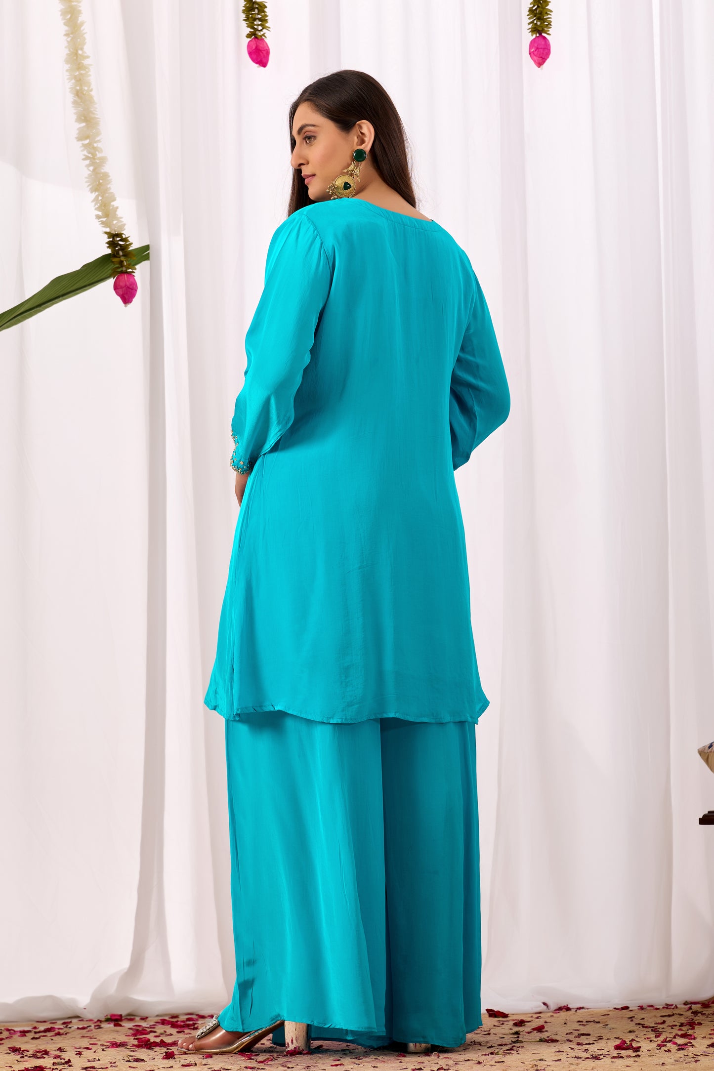 Turquoise Blue Pure Crepe Handwork Co-ord Set #1899