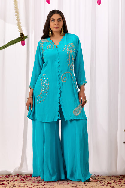 Turquoise Blue Pure Crepe Handwork Co-ord Set #1899