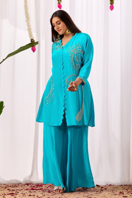 Turquoise Blue Pure Crepe Handwork Co-ord Set #1899