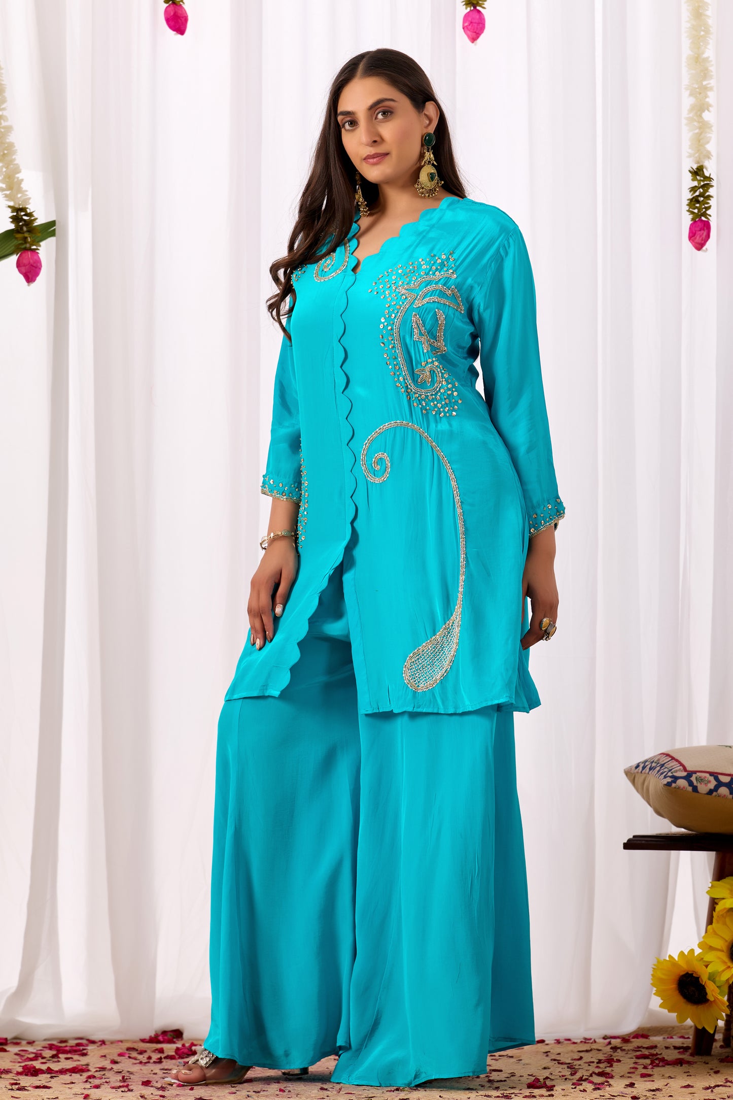 Turquoise Blue Pure Crepe Handwork Co-ord Set #1899