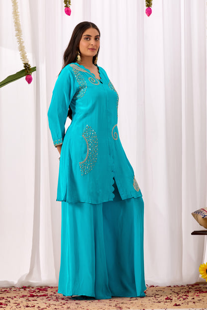 Turquoise Blue Pure Crepe Handwork Co-ord Set #1899